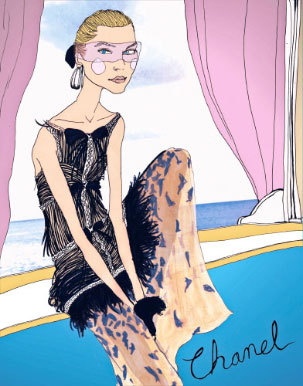 Jessica Stam sitting in window frame in chanel by the sea