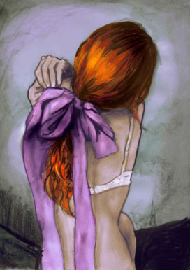Girl With red hair nude back with purple bow
