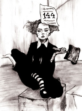 Lily Cole Fairy Tale Like black and white Illustration sitting with paper on her head