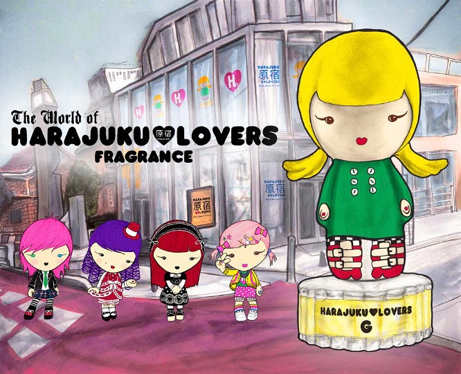 Horizontal ad for Harajuku Lovers Fragrance by Gwen Stefani of tokyo street corner and perfume bottles by Danny Roberts