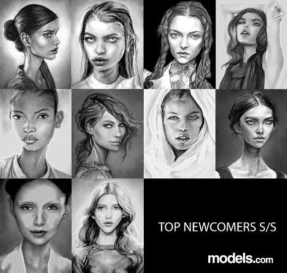 Danny Roberts Painting of fresh faces Arizona Muse, Bambi Northwood Blyth, Britt Maren, Daphne Groeneve ,Hailey Clauson, Iris Egbers, Julia Saner, Maddie Kulicka, Marcelia Freesz, Melodie Monrose, Theres Alexandersson for models dot com Top Newcomer spring 2011