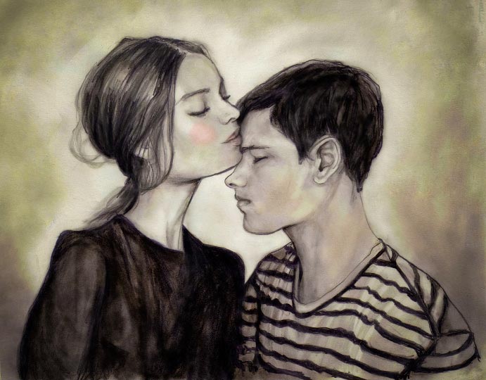 Artist Danny Roberts Self portrait of kissing a beautiful girl both profile eyes close