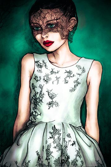 Fashion Illustration by Danny Roberts Painting of a girl with a black veil wearing Jason wu.