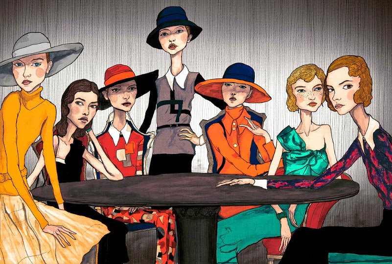This is Danny Roberts Fashion Illustration of Marce Jacobs 2007 collection. girls sitting around a table.