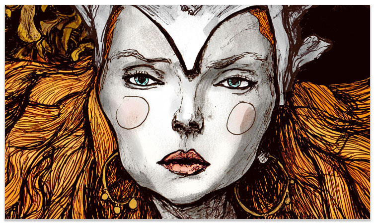 Artist Danny Roberts Drawing of Lily Cole as a Queen, she has orange red hair, blue eyes