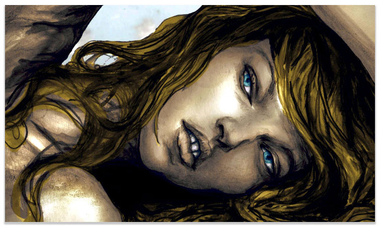 Danny Roberts painting of a Blue eyed girl Laying on here side