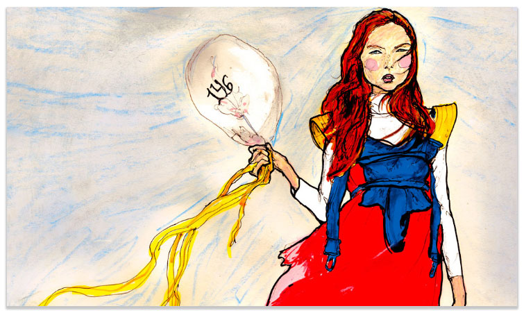 Danny Roberts Art of red head Lily Cole Holding a Ballon in her hand