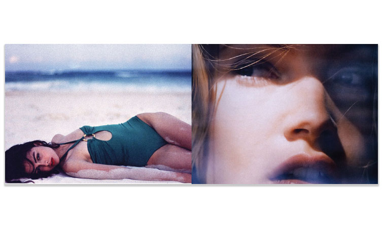 a Fashion image of a girl in bathing suit and brown hair laying on her back, and a close up of Mona Johannesson's face