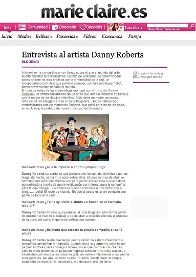 Page 1 of Artist Danny Roberts Web Feature on Marie Claire Spain Homepage