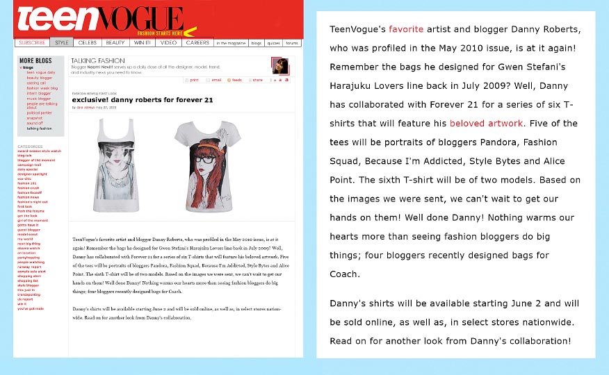 Teen Vogue Web Feature on Artist and illustrator danny roberts on his collaboration with Forever21