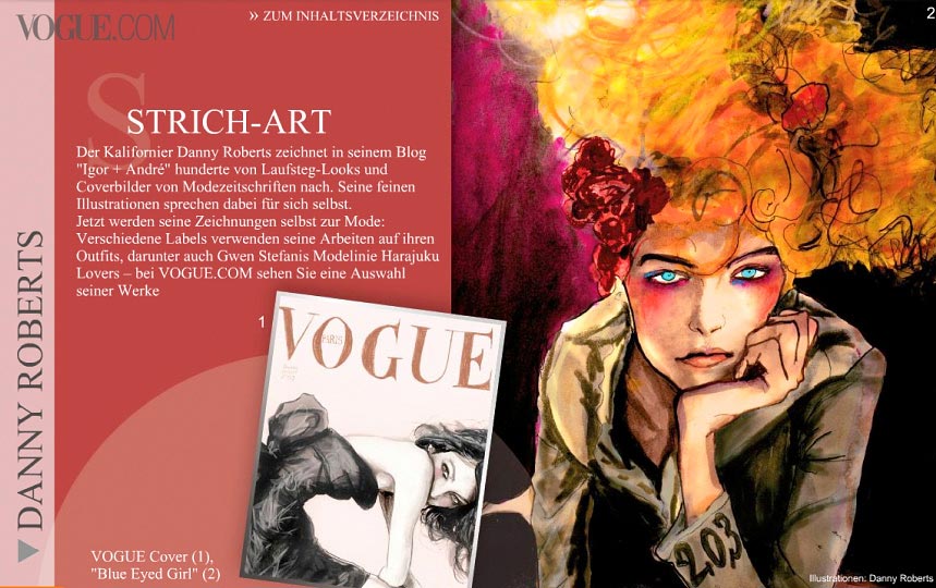 Page One of Artist Danny Roberts web feature in Vogue Germany show casing his Sofia Coppola french vogue reinterpreted cover