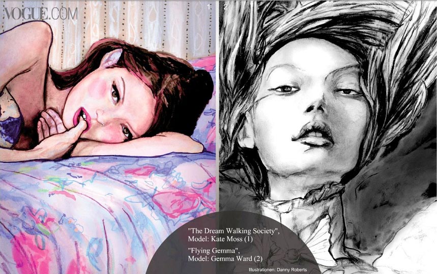 Page two of Artist Danny Roberts web feature in Vogue Germany show casing his flying gemma ward black and white drawing and dreamwalking painting