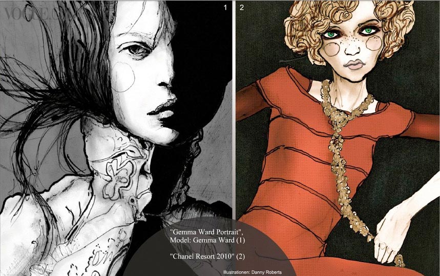 Artist Danny Roberts web feature in Vogue Germany show casing Black and white gemma ward and red dress chanel drawing